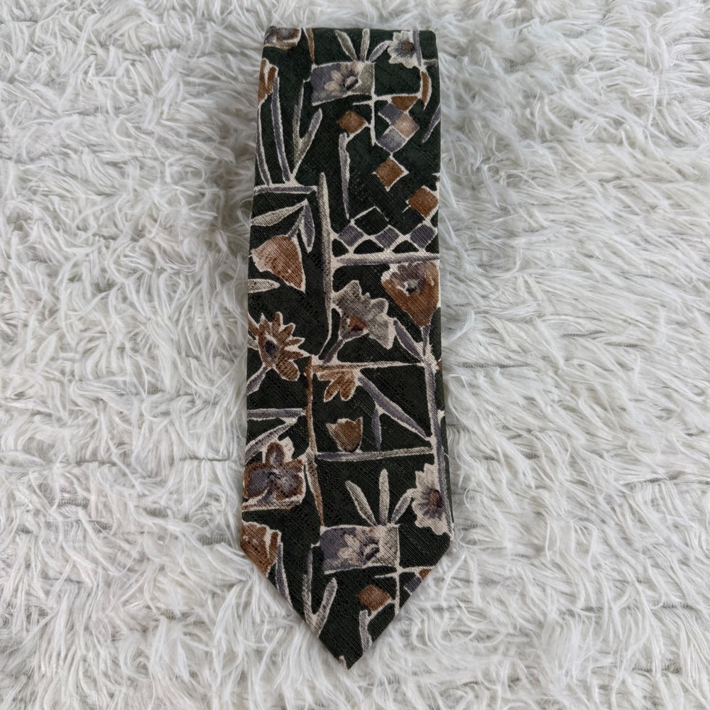 Vintage Structure Men Silk Tie Abstract Floral Geometric Brown Green Italy‎